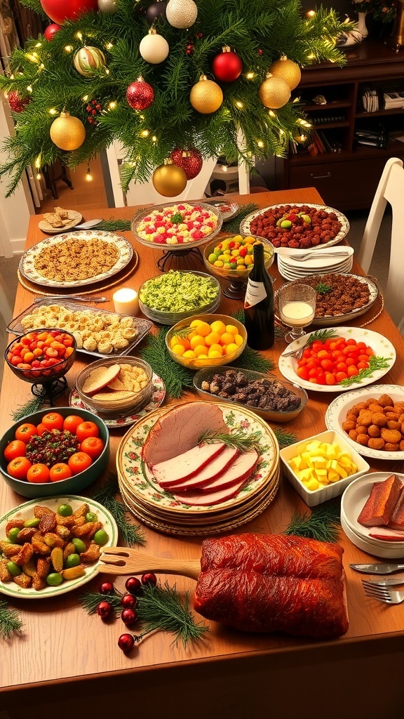 A festive holiday table set with a glazed ham, salads, and desserts, decorated for Christmas.